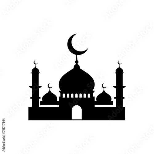 Mosque stands silhouetted against a white backdrop, showcasing its architectural form and spiritual significance in a minimalist style.