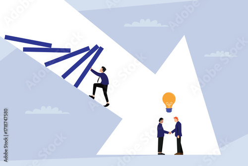 Strategic Solution and Business Deal, One Man Stopping Falling Dominoes, While Two Men Shake Hands 2d flat vector illustration