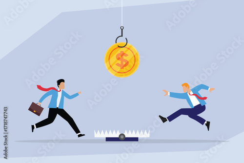 Business Trap and Financial Risk, Men Running to Get a Coin on a Trap 2d flat vector illustration