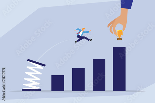 Winning Strategy and Career Boost, A Man Jumping on a Spring to Reach a Trophy on a Bar Chart 2d flat vector illustration