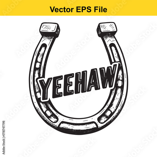 Hand drawn horseshoe with the word yeehaw inside, isolated on white background