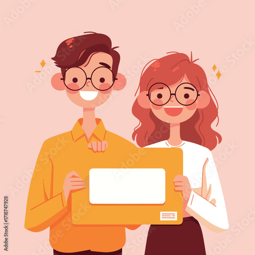 Two young adults are smiling and displaying a blank envelope together in a bright and colorful illustration. Their joyful expressions convey excitement and happiness.