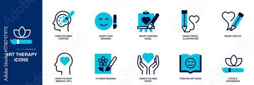 Art Therapy Blue Colored Outline Icon Set