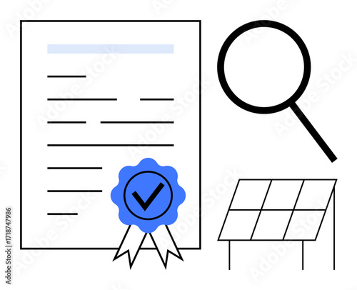 Certification document with ribbon badge, solar panel, and magnifying glass representing renewable energy validation, compliance, and inspection. Ideal for sustainability, quality assurance