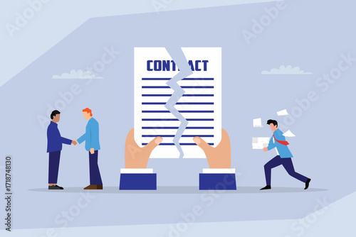 Breaking a Business Agreement or Contract, A Man Holding a Torn Document 2d flat vector illustration