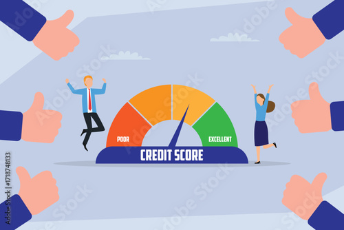 Financial Score and Excellent Credit Rating, People Celebrating a High Score on a Credit Meter 2d flat vector illustration