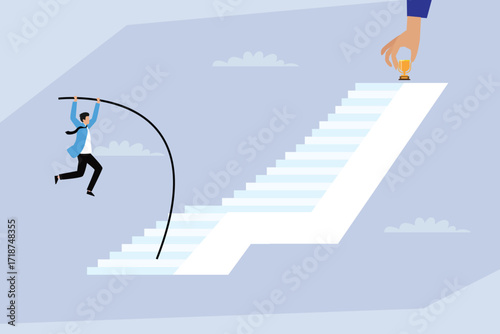 Ambition and Career Advancement, A Man Pole Vaulting to Reach a Trophy at the Top of the Stairs 2d flat vector illustration