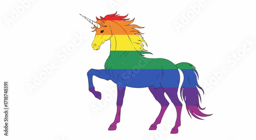 Vibrant rainbow unicorn prancing with pride, an enchanting symbol of diversity, equality, and magic, perfect for inclusive designs and celebrations