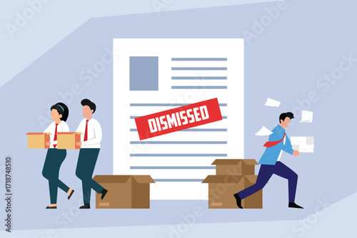 Job Termination and Business Dismissal, People Packing up Their Belongings with a Dismissed Document 2d flat vector illustration