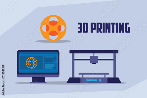 3D Printing and Industrial Design, A Desktop Printer with a Monitor and Materials 2d flat vector illustration