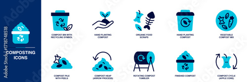 Composting Blue Colored Outline Icon Set