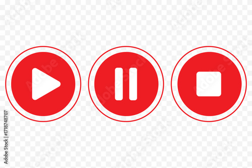 Play button icon set. Start audio or video action symbol. Video player concept . Red Play button Icon. Elements for video player. Pause, click or record button. Video player icon in red color Design.