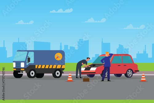 Roadside Assistance and Car Repair Service, A Man Helping a Woman to Fix Her Broken Car. 2d flat vector illustration