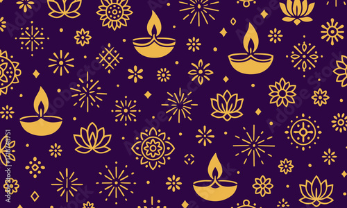 Vector background for Diwali festival featuring glowing diyas, fireworks, and decorative rangoli designs in vibrant colors, ideal for greeting cards, posters, banners, and festive promotions.