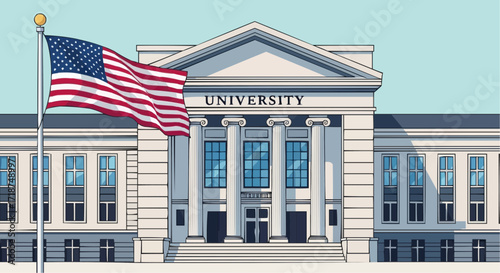Prestigious university campus with American flag waving, perfect for education, patriotism, and higher learning illustrations, originally from a vector graphic