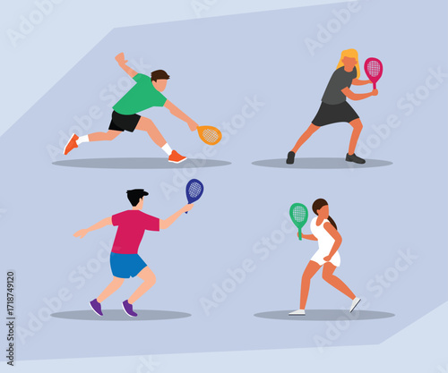 Sports and Athletic Training, People Playing Different Types of Tennis and Padel. 2d flat vector illustration