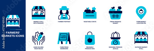 Farmers Markets Blue Colored Outline Icon Set