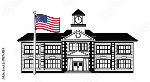 Classic American school building with waving US flag evokes nostalgia and patriotism, perfect for educational and civic projects, originally a scalable graphic