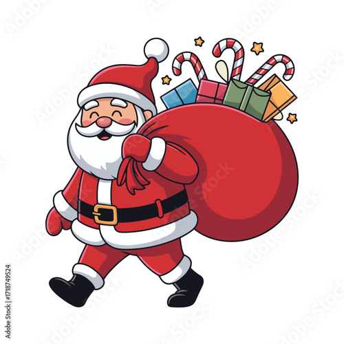 Happy santa claus walking with a large red sack full of gifts and candy canes