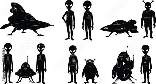 Alien characters with spaceships, extraterrestrial beings in futuristic design, science fiction silhouettes, outer space creatures and UFO spacecraft illustration collection for artwork