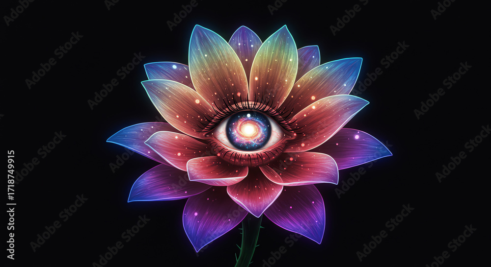 Fototapeta premium Eye flower cosmic bloom on black background