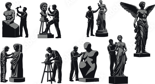 Artist sculpting marble statue, craftsman carving stone artwork, classical sculpture creation, artisan working with chisel and hammer, detailed monument design
