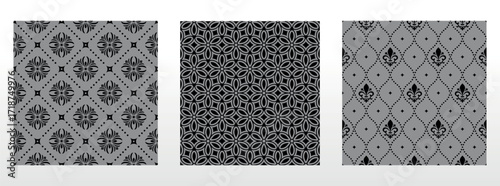 Geometric floral set of seamless patterns. Gray and black vector backgrounds. Damask graphic ornaments