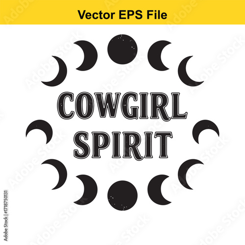 Cowgirl spirit text with moon phases isolated on white background