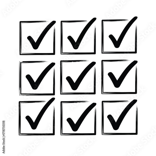 Vector illustration of illustration of nine black check marks in squares