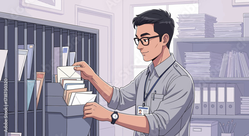 Illustration of a man organizing files in an office drawer.