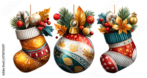 Colorful Christmas Stockings with Decorative Elements and Festive Accents
