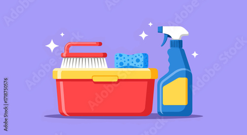 Flat lay of cleaning supplies in a red bucket on purple background