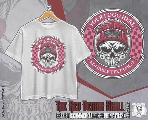 Hipster Skull Logo with Red Beanie Hat – Skateboard Streetwear T-Shirt Design (red variation)