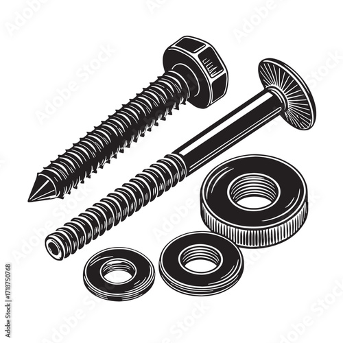 Black rivets and washers Silhouette Vector, High Quality Illustration on White Background