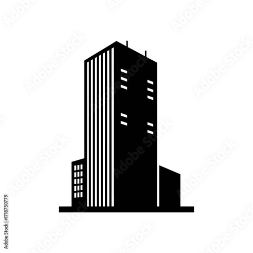 Skyscraper stands tall against a clear sky, representing modern architecture and urban development with a minimalist and bold aesthetic.