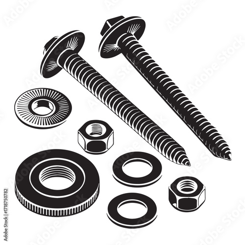 Black rivets and washers Silhouette Vector, High Quality Illustration on White Background