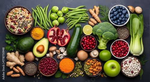 Overhead Flat Lay of Fresh Colorful Vegetables and Healthy Foods Still Life