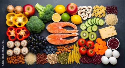 Overhead Flat Lay Arrangement of Healthy Food Group and Balanced Diet