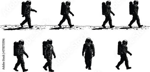 Astronauts walking in space exploration scene, cosmic journey on lunar surface, astronauts in spacesuit illustration, futuristic science, outer space discovery mission