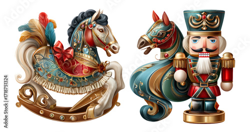 Decorative Carousel Horse and Nutcracker Figure on Transparent Background