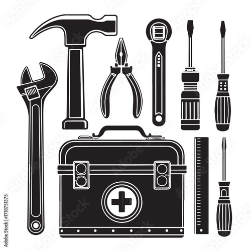 Black safety and miscellaneous tools Silhouette Vector, High Quality Illustration on White Background