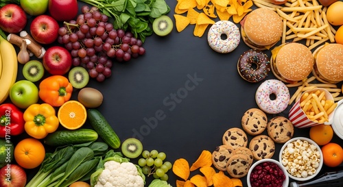 Flat Lay Composition of Healthy and Unhealthy Food Choices Still Life