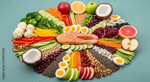 Fresh and Colorful Arrangement of Healthy Food Plate with Salmon