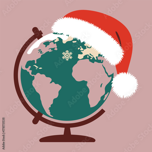 Globe wearing a santa hat celebrating christmas around the world
