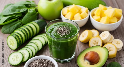 Fresh Green Smoothie with Various Fruits and Vegetables Still Life