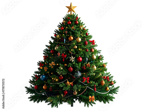 Realistic Christmas tree with decorations isolated on transparent background PNG 