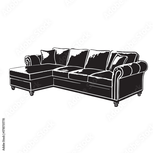 Black sectional sofa Silhouette Vector, High Quality Illustration on White Background