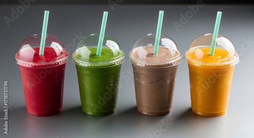 Colorful Assortment of Smoothie in Plastic Cup with Straw Beverage Stilllife