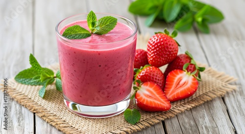 Fresh Bright Strawberry Smoothie in Glass with Mint Leaf on Rustic Wood