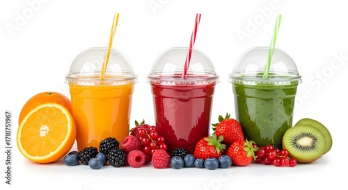 Fresh and Vibrant Variety of Fruit Smoothie Beverage in Plastic Cup